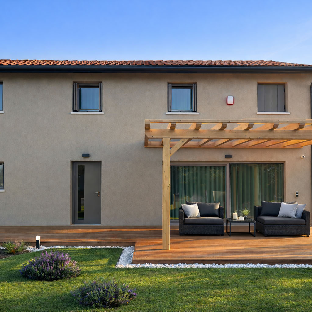 Una casa in legno ben inserita nelle colline venete