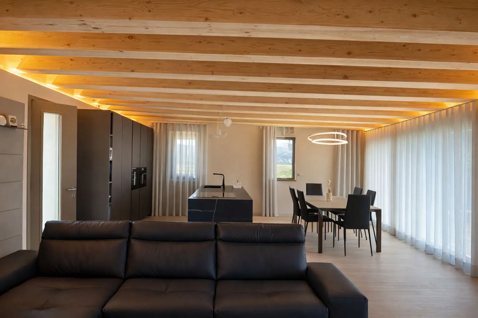 Interior wooden house well into the environment