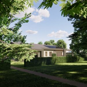Inserimento nel verde di un compresso bifamiliare in legno