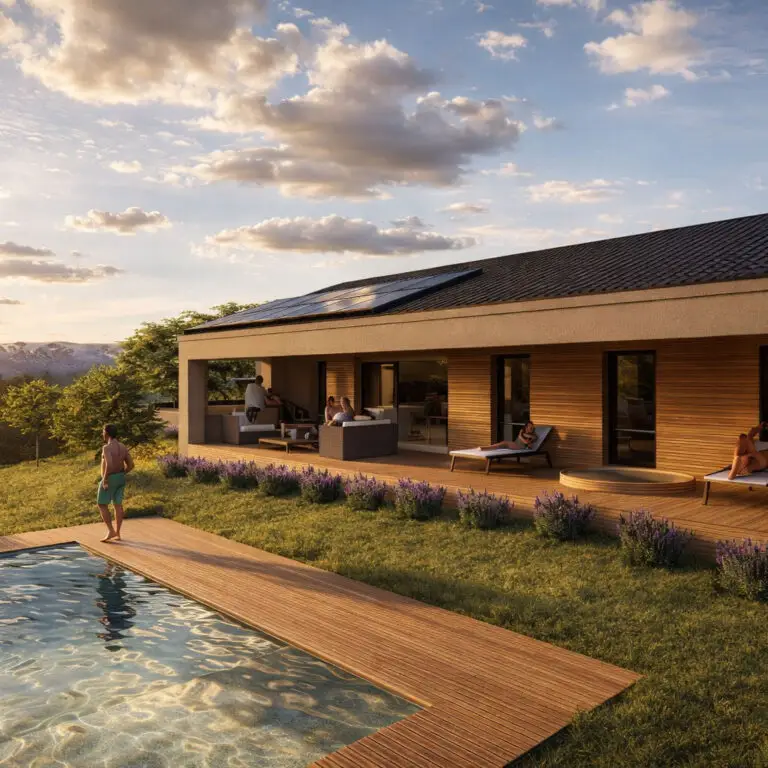 Casa in legno con portico e piscina in collina