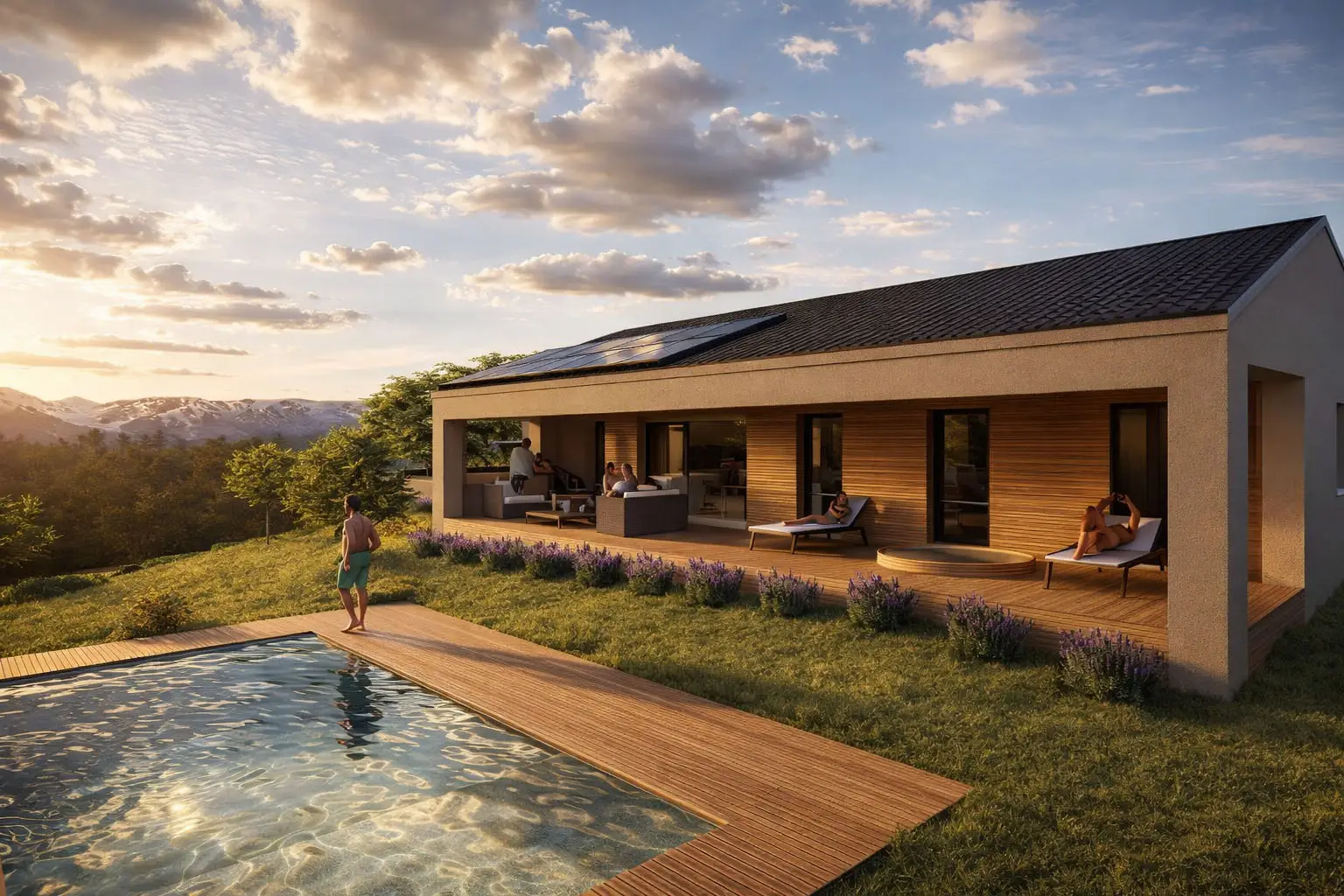 Casa in legno con portico e piscina in collina