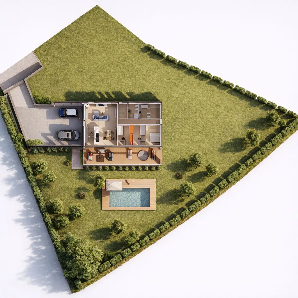 Pianta casa con portico in lotto collinare