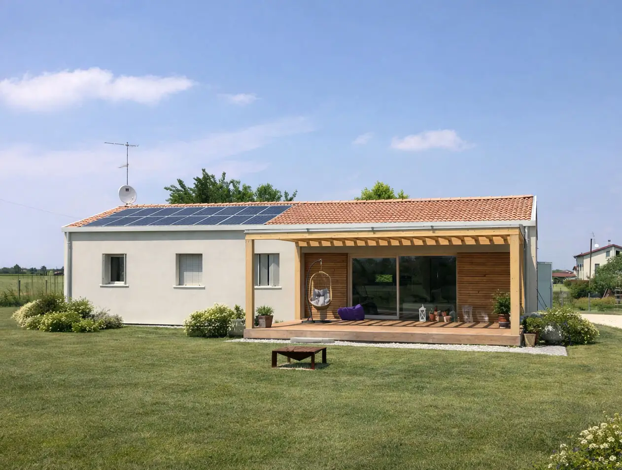 Exterior wooden house with pergola