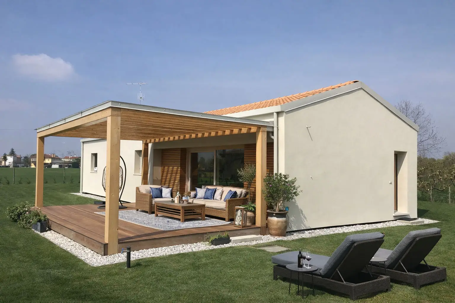 Exterior wooden house with pergola