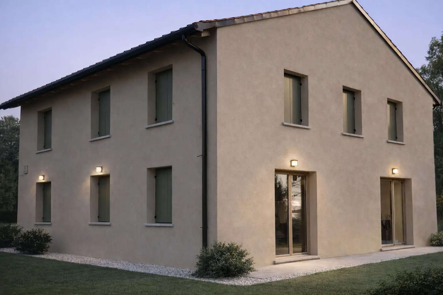 Vista laterale casa in legno stile tradizionale