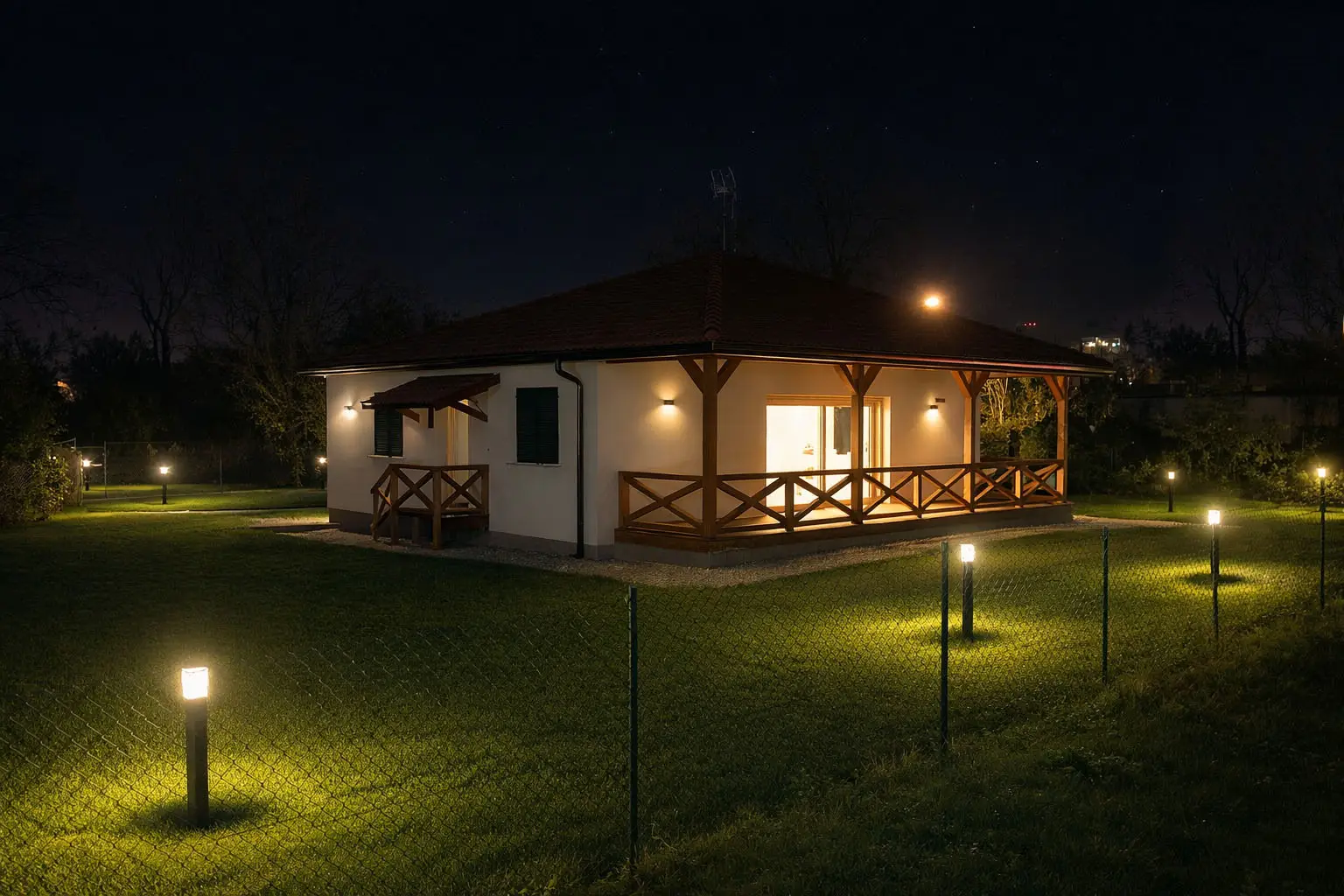 Vista notturna casa in legno veneziana