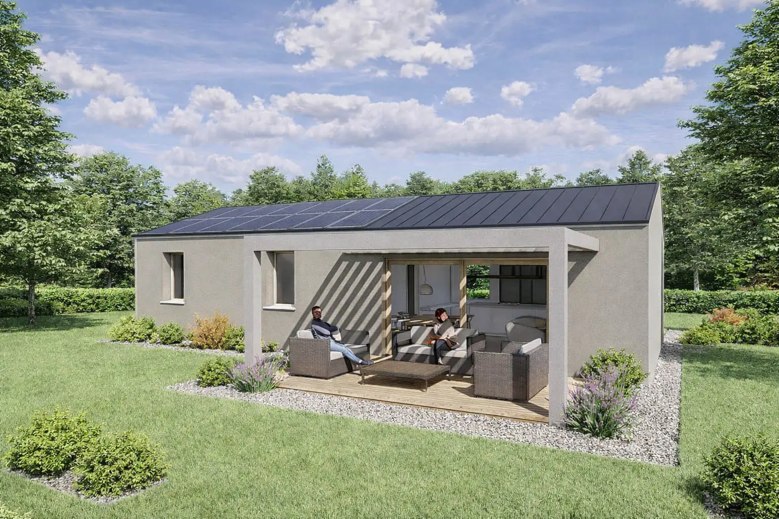 Prospetto di casa in legno di 100 mq versione tetto in lamiera