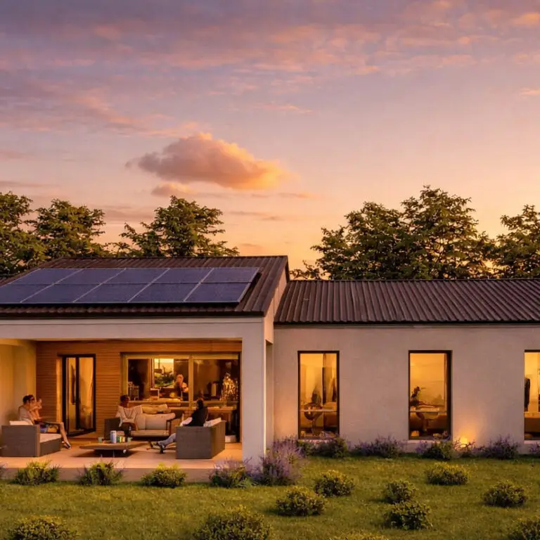 Casa in legno con portico vista sud serale