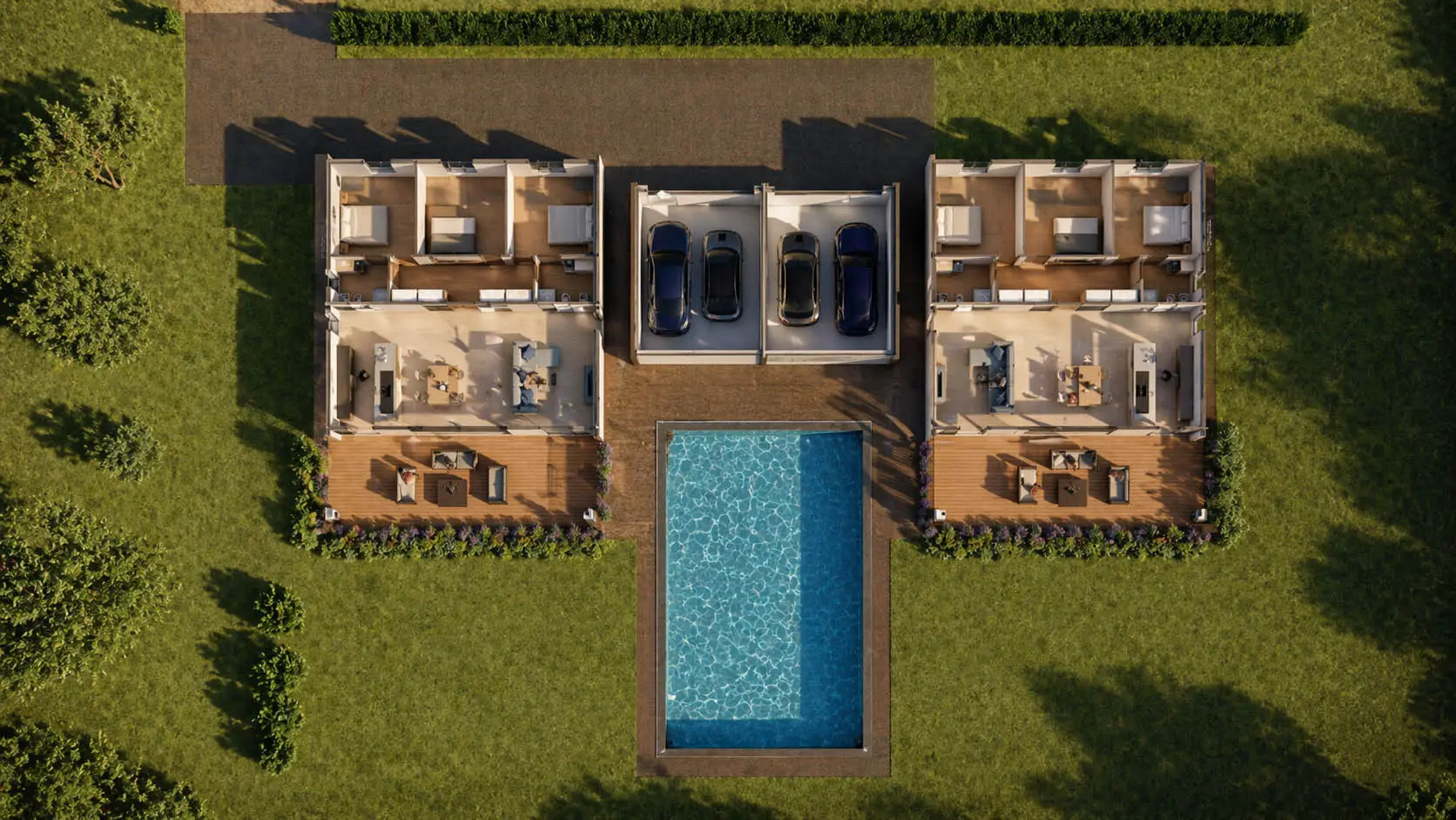Pianta unità bifamiliare con piscina