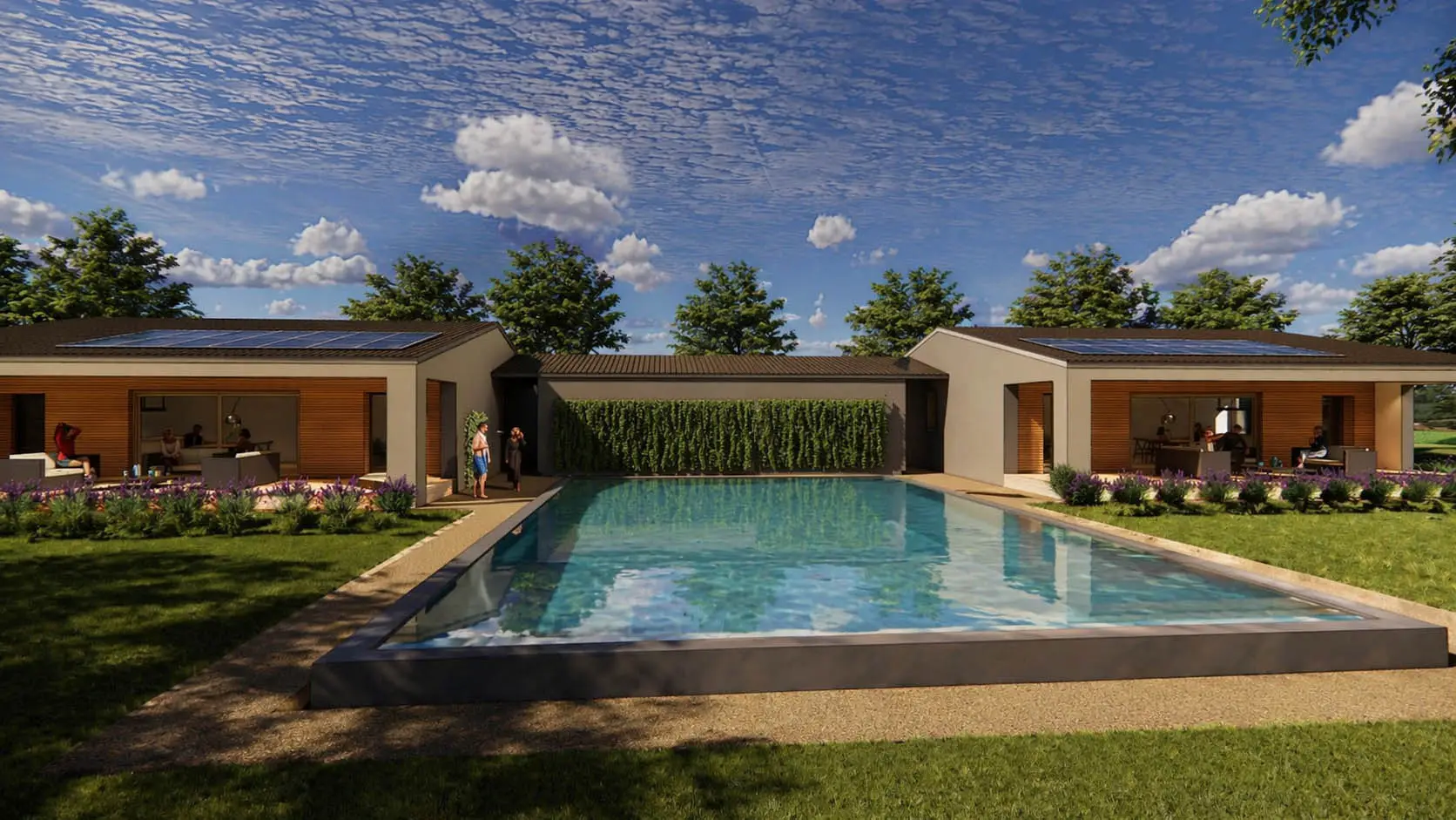 Vista diurna unità bifamiliare con piscina