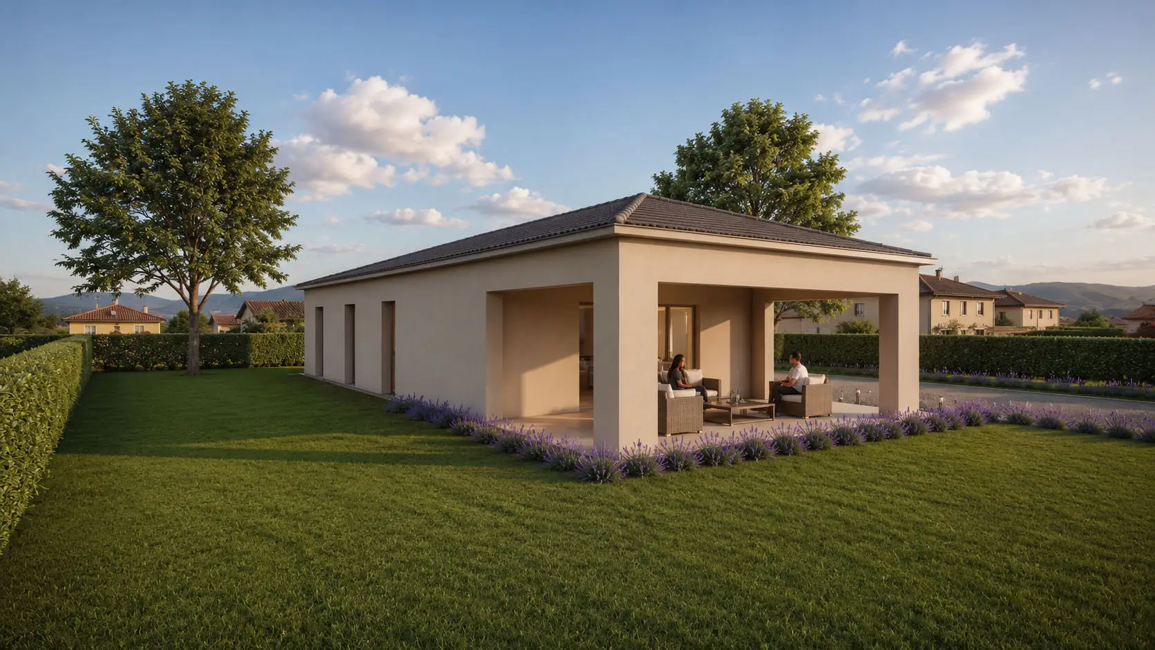 Casa su lotto stretto con portico aperto sul giardino Vista laterale ovest
